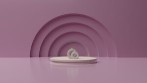 Modern pink minimalist scene featuring abstract vases on pedestal.